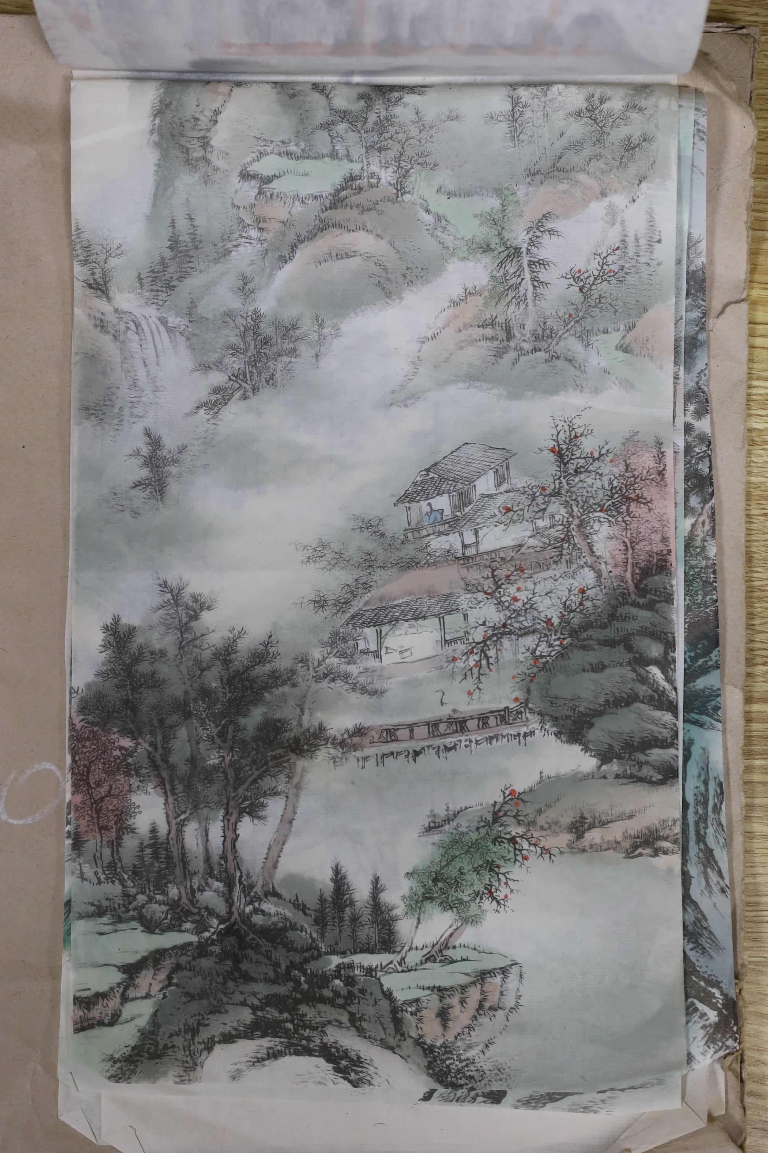 Chinese School, set of four woodblock prints, Mountainous landscapes, 67 x 20cm, unframed